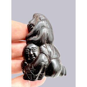 1860 Japanese Netsuke Carved Ebony Monkey On Karako Signed Gouboku